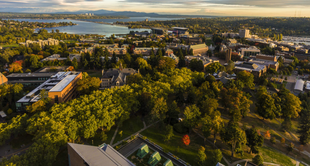 Aerial view of the UW campus during sunset