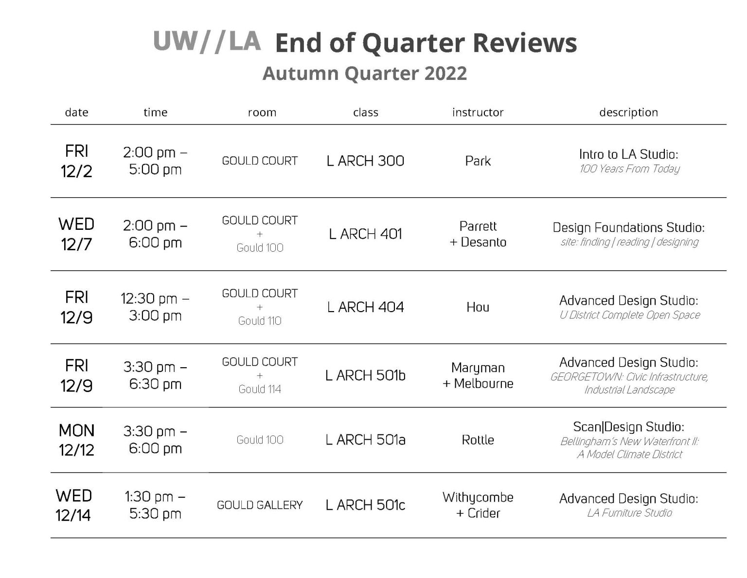 Autumn Quarter End of Quarter Review Schedule Landscape Architecture