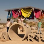 Children sit on sign that says North