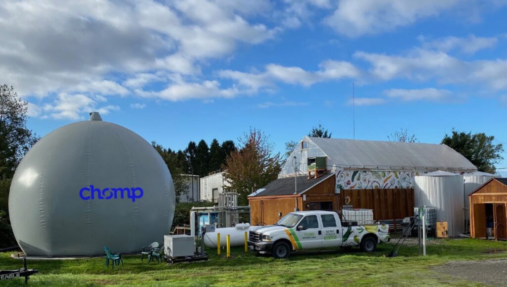 image of large balloon biodigester on a farm