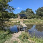 path way to bench with solar panel roof and pond