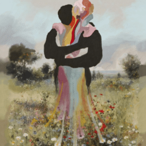 Abstract figures holding each other, one colorful, one silhouette