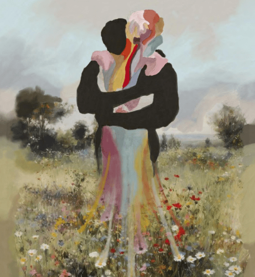 Abstract figures holding each other, one colorful, one silhouette