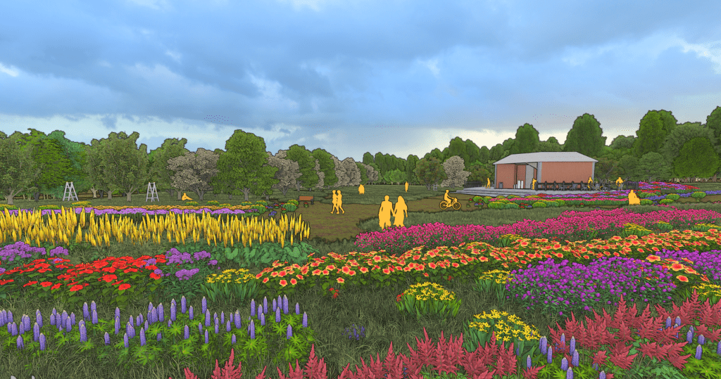 rendering of flower field with silhouettes and orchard and structure in background