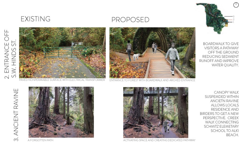 4 images showing proposed design interventions at 2 spots in the forest. Restoring a lost pathway among Douglas Fir Trees and changing a fire land gate to a boardwalk with an arched entrance