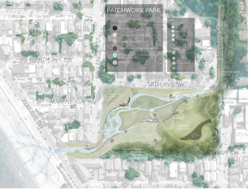 Aerial view of proposed park with green areas and different built materials