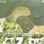 Rendered view of Alki beach interventions with all proposed hardscape and softscape additions