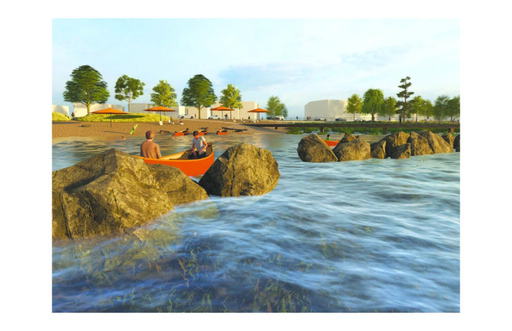 Rendered image of canoes and rocks and shoreline