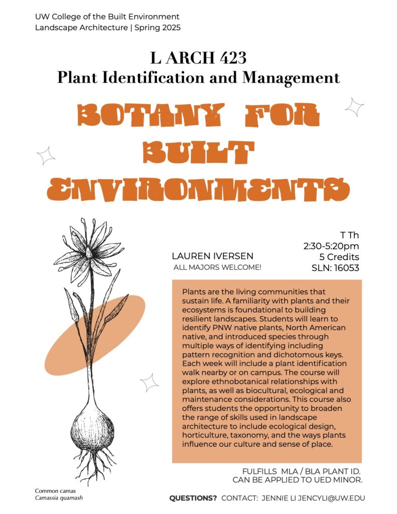 Spring 2025 Course Flyer: LARCH 423 Plant Identification and Management - Botany for Built Environments